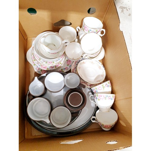 106 - Two boxes of glass and china including Denby, Bodley antique blush ivory and Hornsea Pottery.  No sh... 