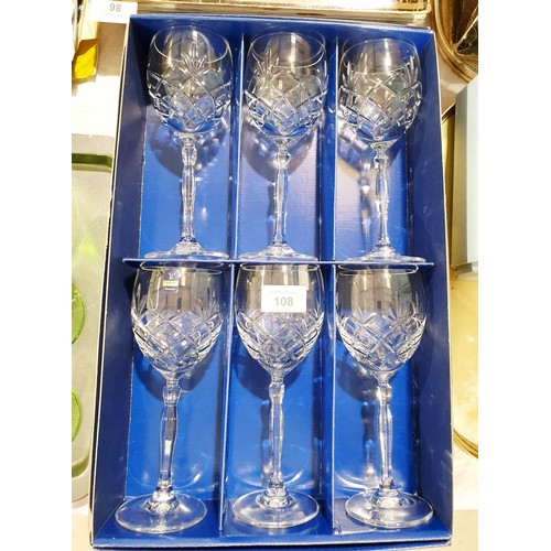 108 - Six boxed Gleneagles Crystal wine glasses. No shipping. Arrange collection or your own packer and sh... 