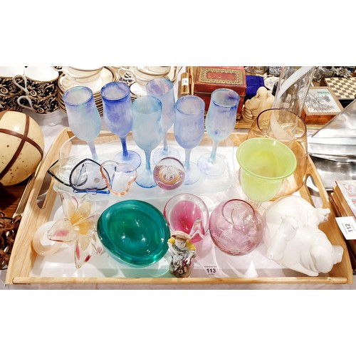 113 - A selection of Art Glass and assorted including a 19th century Sitzendorf figure, height 11cm. No sh... 