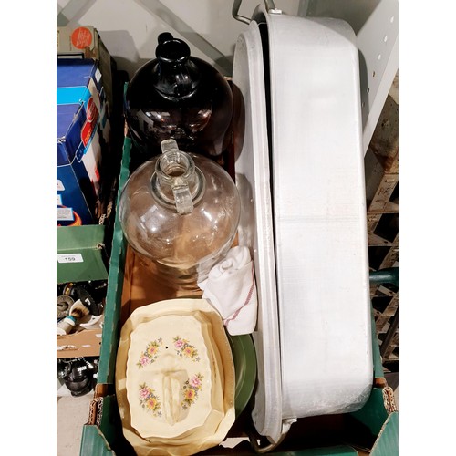 158 - A box including an aluminium fish kettle, demi-johns and assorted. No shipping. Arrange collection o... 