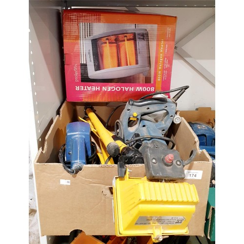 174 - A box of electrical tools including a dual wheel saw, a flood light and an electric heater. No shipp... 