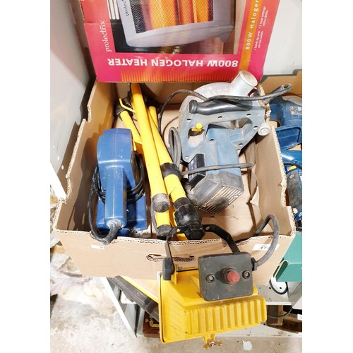 174 - A box of electrical tools including a dual wheel saw, a flood light and an electric heater. No shipp... 