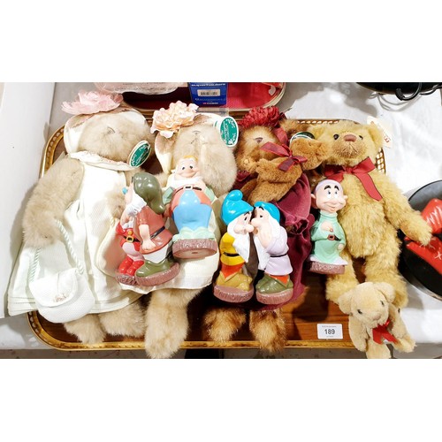 189 - A selection of soft toys and rubber Disney Dwarfs figures. UK shipping £14.