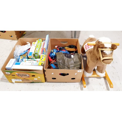 195 - A small rocking horse, height 55cm together with a box of dressing-up items and a box of children's ... 