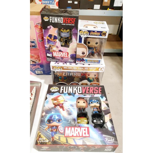 198 - Four boxed Funko Pop figures including Marvel.  UK shipping £14.