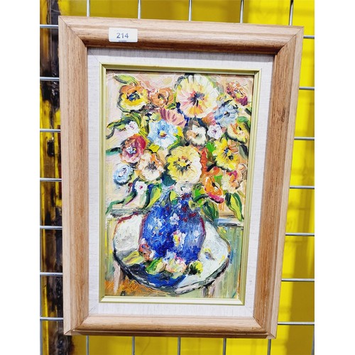 214 - Paul Lofthouse: A still life of flowers, oil on panel, signed and dated verso 1999, 36x23cm together... 