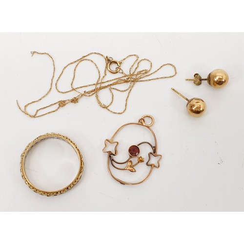 42 - A hallmarked 9ct gold ring set with white stone, size O/P, A/F, a scrap 10ct gold necklace and a pai... 