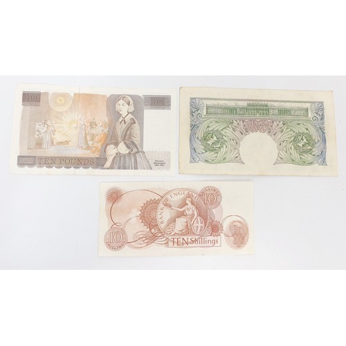 77 - Three Bank of England notes: 10 shillings, £1 and a Florence Nightingale £10 note. UK shipping £14.