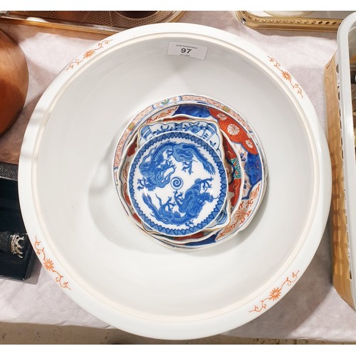 97 - Antique and later Chinese ceramics and a Mason's dish, the largest diameter 27cm. Electricals are so... 