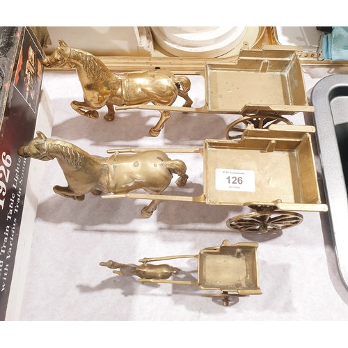 126 - Three brass model horse and carts, the longest 27.5cm. UK shipping £14