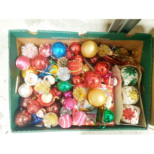 144 - Three boxes of vintage and later Christmas decorations, fairy lights and a Christmas tree. No shippi... 