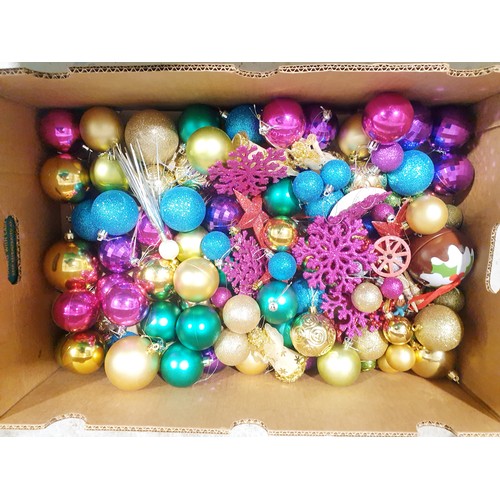 144 - Three boxes of vintage and later Christmas decorations, fairy lights and a Christmas tree. No shippi... 