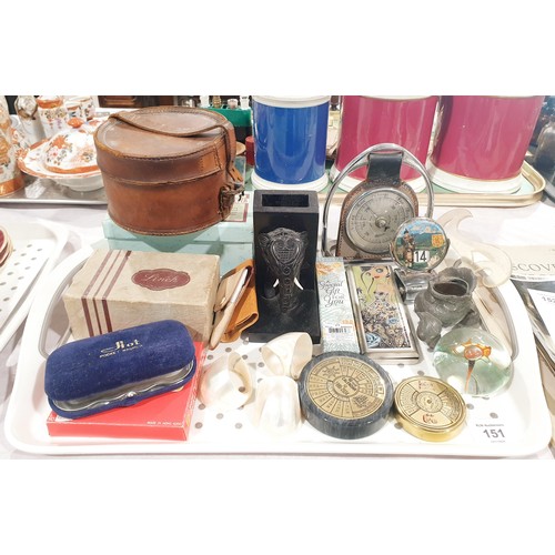 151 - A tray of assorted including a vintage stirrup desk barometer. No shipping. Arrange your own packer ... 