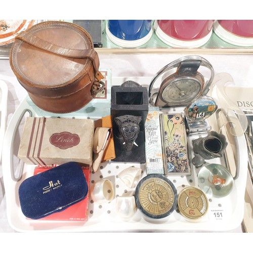 151 - A tray of assorted including a vintage stirrup desk barometer. No shipping. Arrange your own packer ... 