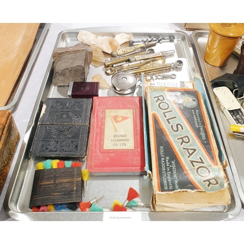 157 - A tray of assorted including a Belfast Steam Ship Co. Ltd. plastic wallet. UK shipping £14.