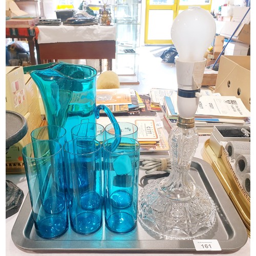 161 - A blue glass lemonade set and a cut glass table lamp. No shipping. Arrange your own packer and shipp... 