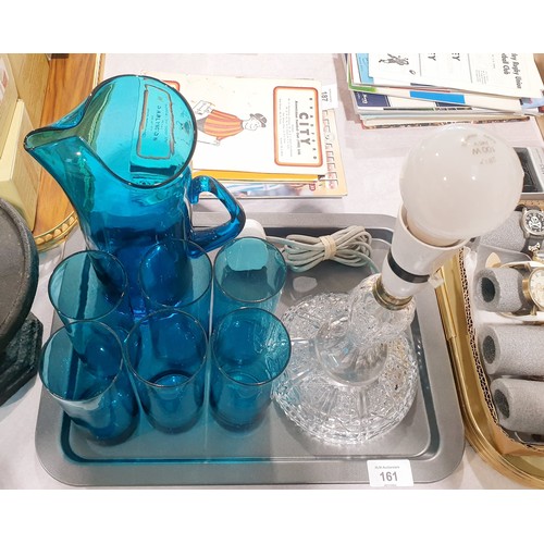 161 - A blue glass lemonade set and a cut glass table lamp. No shipping. Arrange your own packer and shipp... 