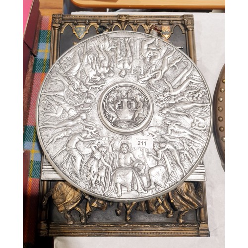 211 - Four resin wall plaques depicting knights jousting, chariot warriors and a classical circular panel,... 