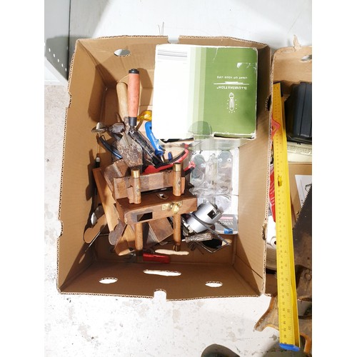 241 - Two boxes of tools and assorted including an antique wooden and brass moulding plane. No shipping. A... 