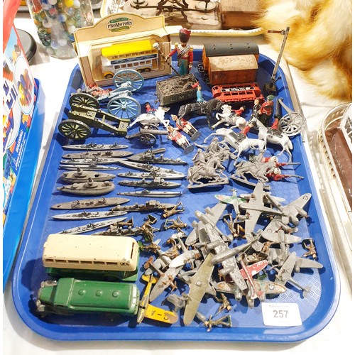 257 - A selection of vintage lead soldiers and toys and other toys including Dinky and a vintage wooden Li... 