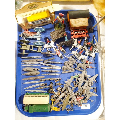 257 - A selection of vintage lead soldiers and toys and other toys including Dinky and a vintage wooden Li... 