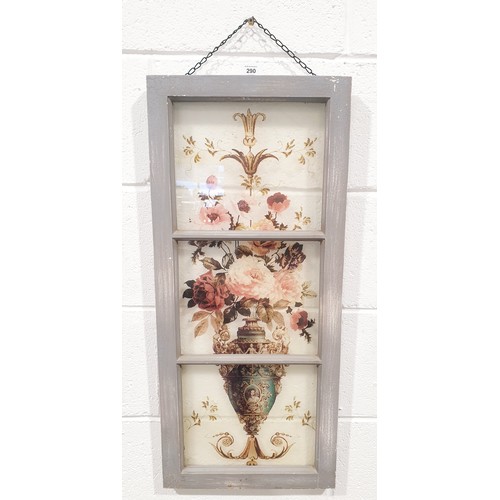 290 - A shabby chic glass and wood wall hanging transfer printed with flowers, 77cmx34cm. No shipping. Arr... 