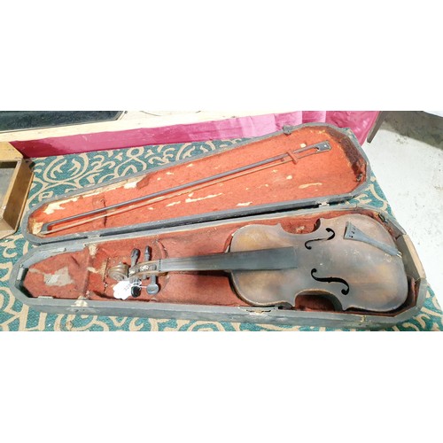 328 - An antique violin having one piece back, back length 35cm, overall length 59cm with case and bow. No... 