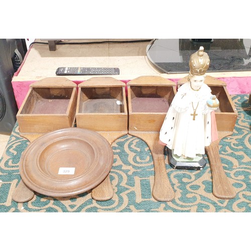 329 - Four vintage oak church collection boxes, an oak church collection plate and a chalk ware figure of ... 