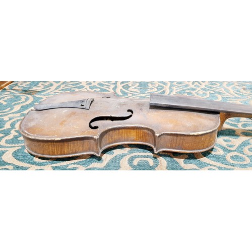 328 - An antique violin having one piece back, back length 35cm, overall length 59cm with case and bow. No... 