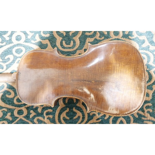 328 - An antique violin having one piece back, back length 35cm, overall length 59cm with case and bow. No... 