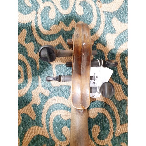 328 - An antique violin having one piece back, back length 35cm, overall length 59cm with case and bow. No... 