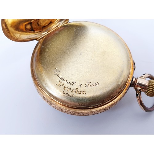 7 - A continental 14ct gold cased ladies fob watch retailed by Bramwell & Sons, Preston, A/F, diameter 3... 