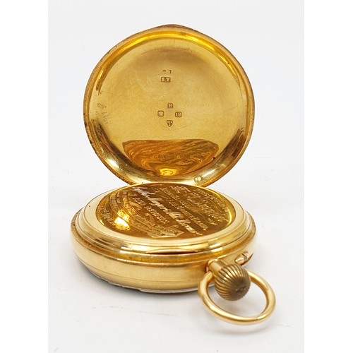 10 - An antique hallmarked 18ct gold cased pocket watch, A/F, with a dedication inscription to Mr W. Swin... 