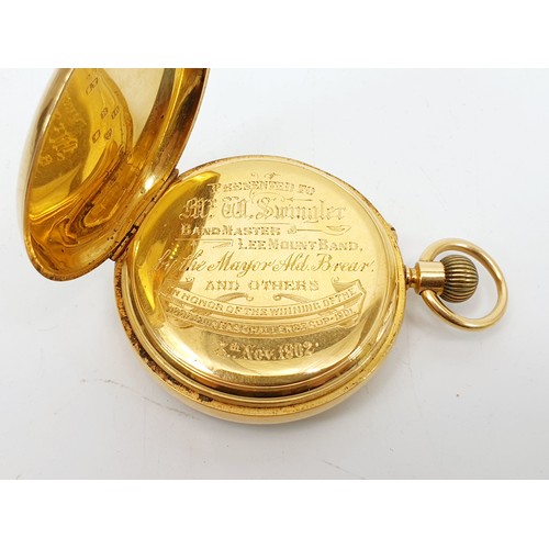 10 - An antique hallmarked 18ct gold cased pocket watch, A/F, with a dedication inscription to Mr W. Swin... 