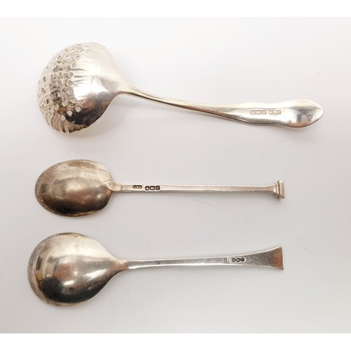 21 - A hallmarked silver sugar sifter, Sheffield 1908 together with two hallmarked silver spoons, total w... 