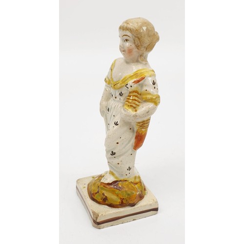 54 - A 19th century Staffordshire pearlware figure of a girl with a parrot, height 11.5cm. No shipping. A... 