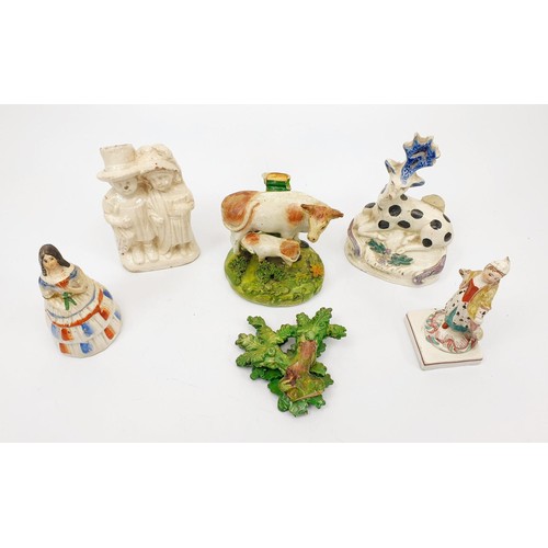 55 - Five 19th century Staffordshire pearlware figures including a stag and a cow, the tallest 13.5cm, ea... 