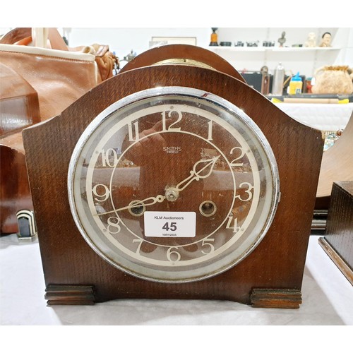 45 - A Smith's oak cased mantel clock and one other mantel clock, the tallest 23cm. No shipping. Arrange ... 