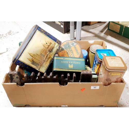 63 - A box of vintage and later tins. No shipping. Arrange collection or your own packer and shipper, ple... 