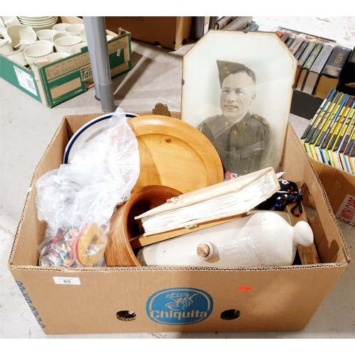 85 - A box of bric-a-brac. No shipping. Arrange collection or your own packer and shipper, please. Electr... 