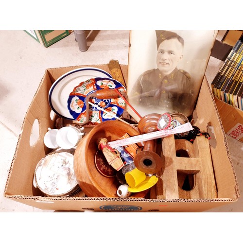 85 - A box of bric-a-brac. No shipping. Arrange collection or your own packer and shipper, please. Electr... 