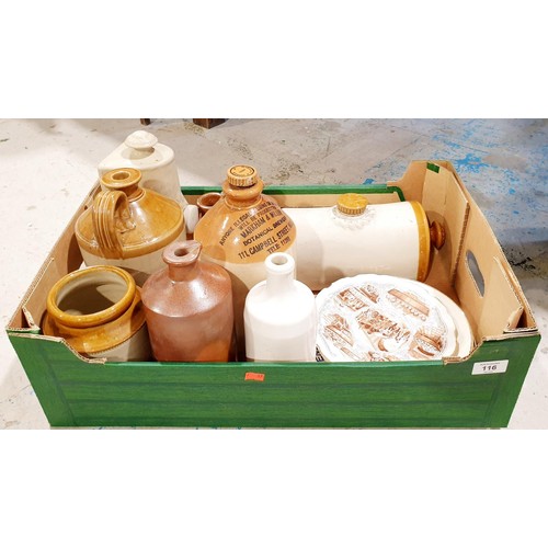 116 - A box of stoneware containers and bottles and three Denby Dale pie plates. No shipping. Arrange coll... 