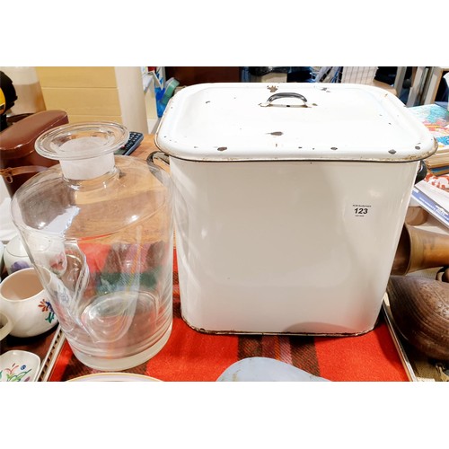 123 - A vintage enamel bread bin, height 33cm together with a glass jar. No shipping. Arrange collection o... 