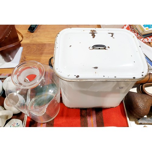 123 - A vintage enamel bread bin, height 33cm together with a glass jar. No shipping. Arrange collection o... 