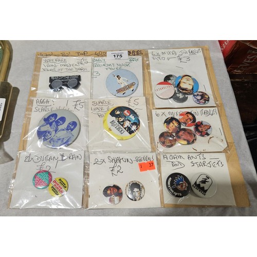 175 - A selection of 70s and 80s pop group badges including Iron Maiden, Fear of the Dark, Abba and Buzzco... 