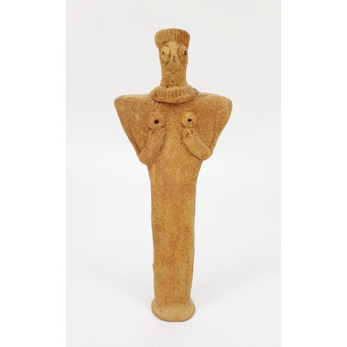 26 - A ancient Syro-Hittite clay Astarte fertility figure, having bird like facial features, the hands pl... 