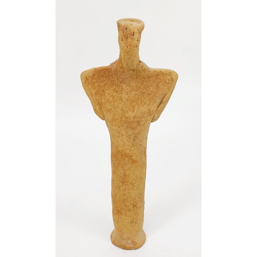 26 - A ancient Syro-Hittite clay Astarte fertility figure, having bird like facial features, the hands pl... 