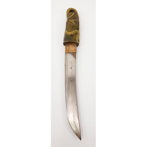 42 - An early 20th century Japanese Tanto dagger with a cast metal handle and scabbard, having relief dec... 