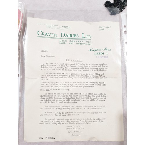 54 - Six dairy milk churn labels and a letter relating to Craven Dairies, Sowerby Bridge, Halifax Diaries... 