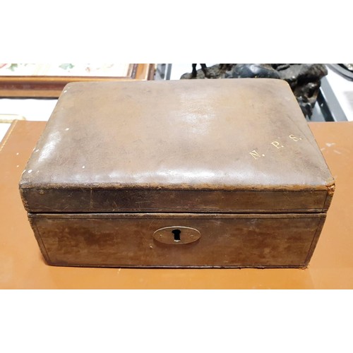 76 - A vintage leather briefcase, width 35.5cm together with a leather covered jewellery box. UK shipping... 